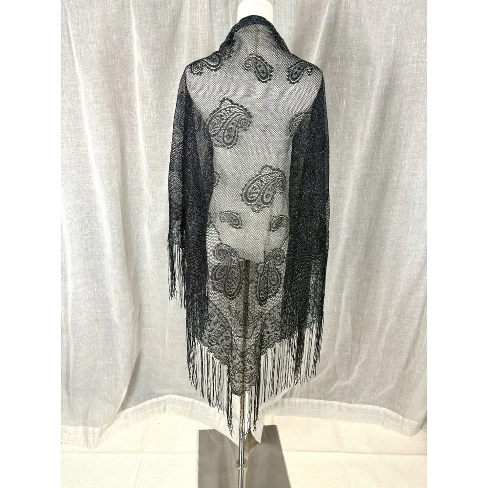 Paisley Black Metallic Shawl With Fringe Sheer Sparkle Witchy Boho Festival OS